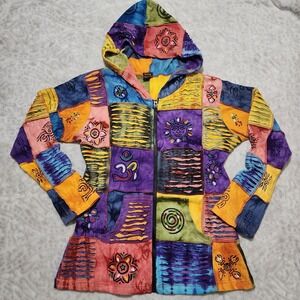 Rising International Hoodie XL Tie Dye Patchwork Sun Celestial Hippie Artsy Boho
